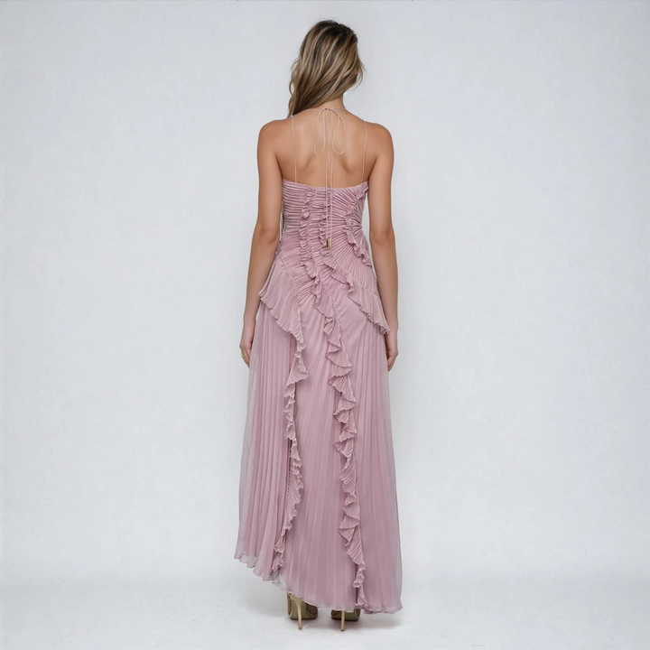 Elowen | Women's Purple Chiffon Pleated Ruffle Halter Hi-Low Maxi Dress