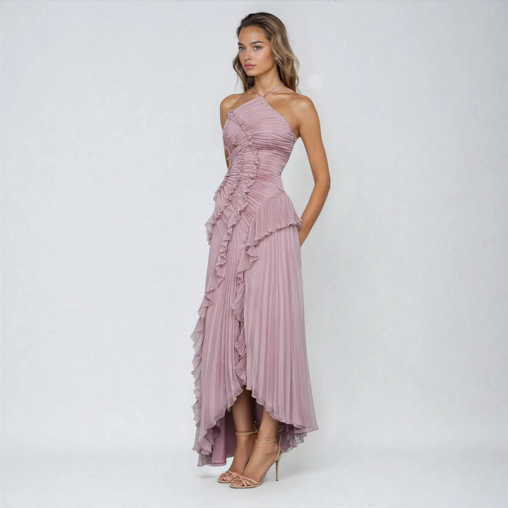 Elowen | Women's Purple Chiffon Pleated Ruffle Halter Hi-Low Maxi Dress