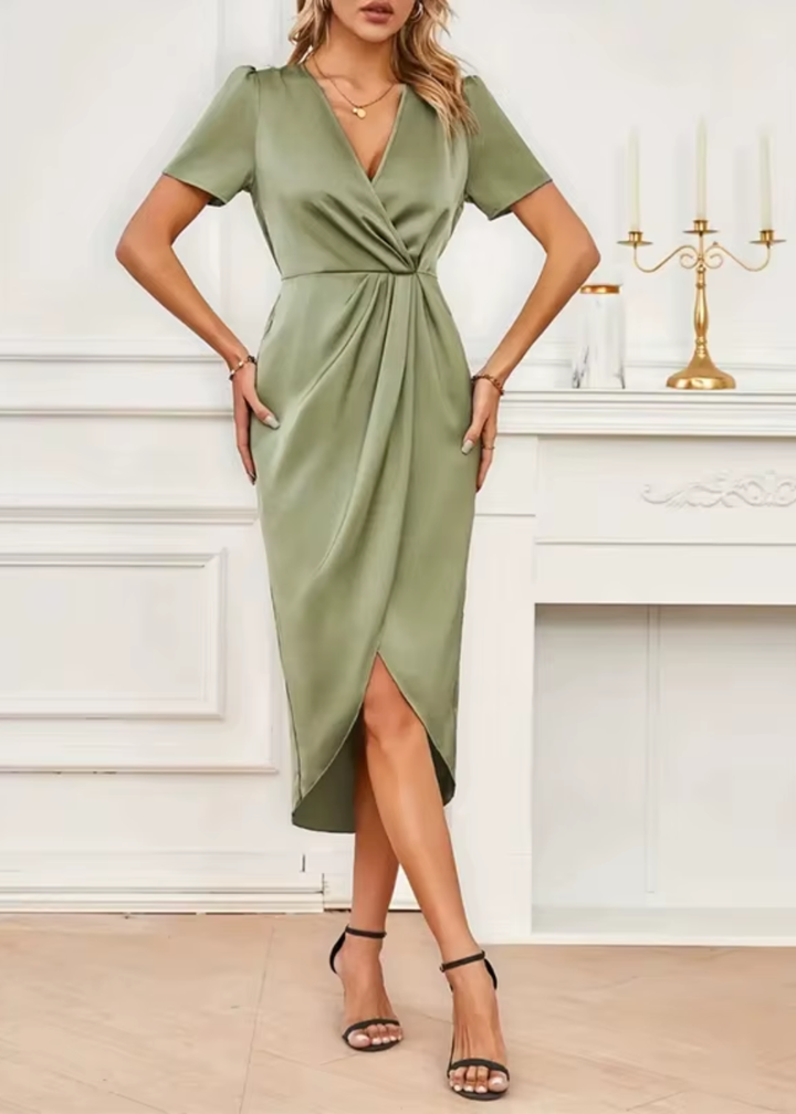 Genevra | Women's Satin V-Neck Short Sleeve Wrap Hi-Low Midi Dress