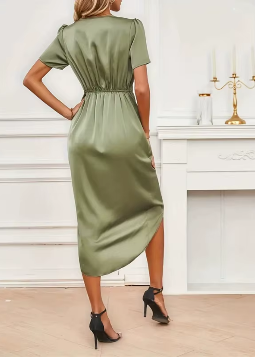 Genevra | Women's Satin V-Neck Short Sleeve Wrap Hi-Low Midi Dress