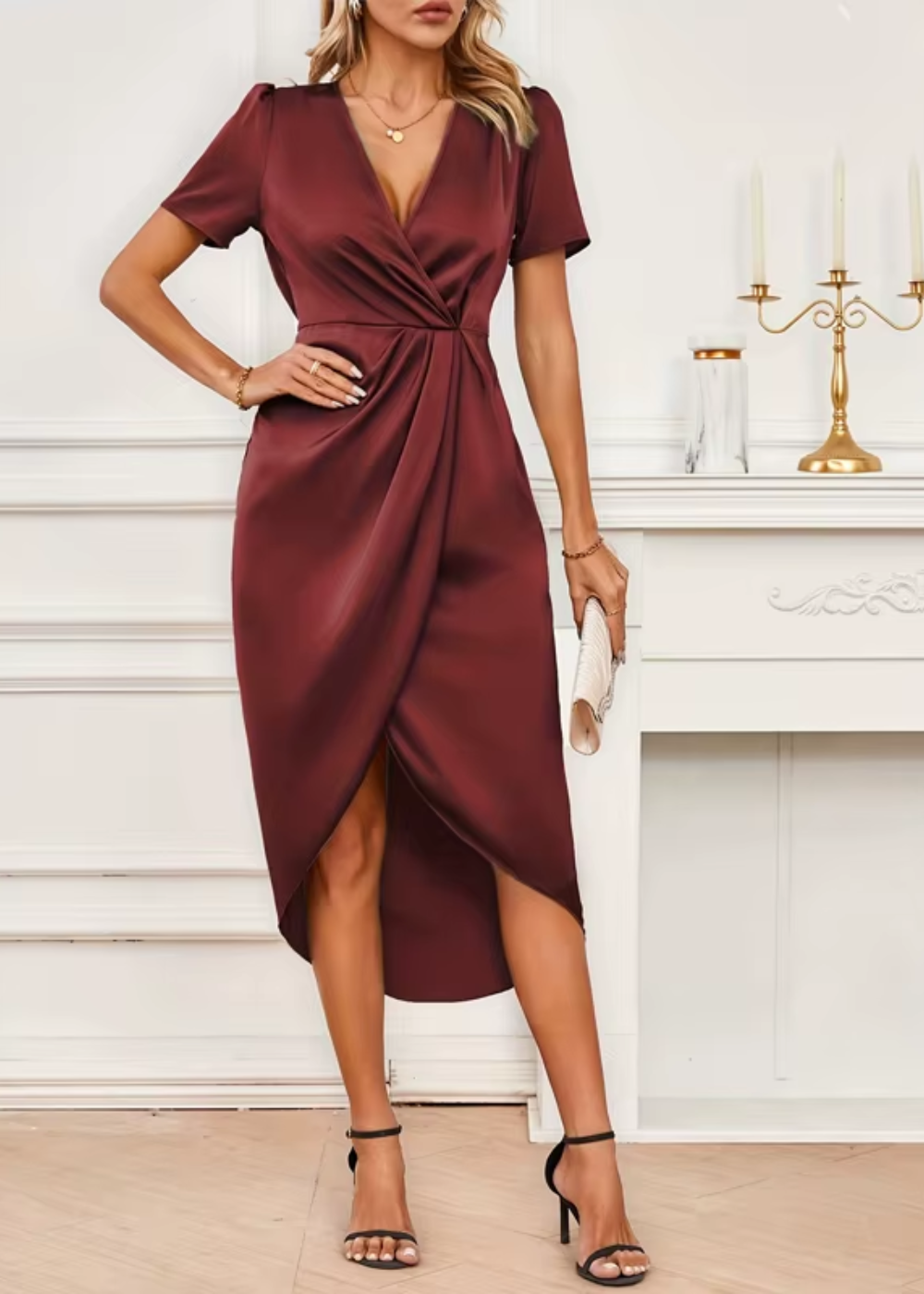 Genevra | Women's Satin V-Neck Short Sleeve Wrap Hi-Low Midi Dress