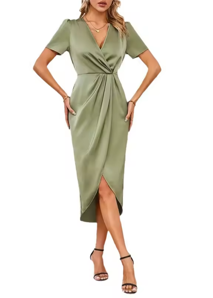 Genevra | Women's Satin V-Neck Short Sleeve Wrap Hi-Low Midi Dress