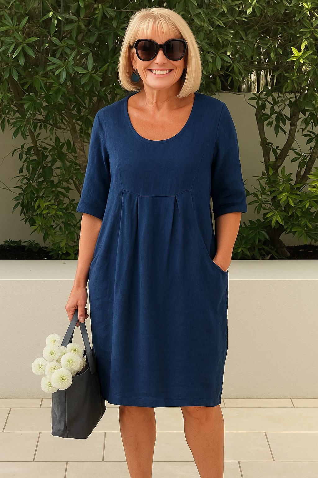 Greer | Women's Linen Pleated Bust Pocket Midi Dress