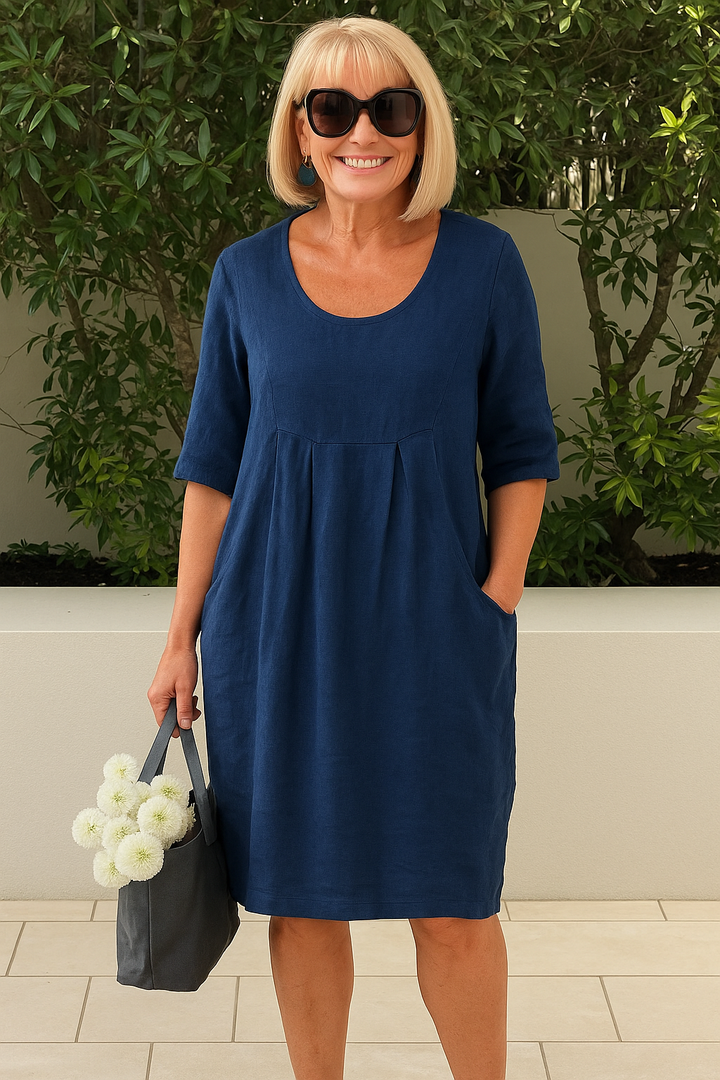 Greer | Women's Linen Pleated Bust Pocket Midi Dress