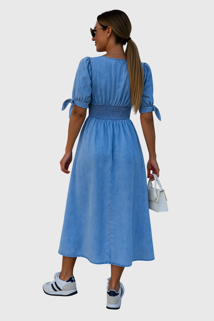 Harlow | Women's Denim V-Neck Tie-Sleeve Button-Front Midi Dress