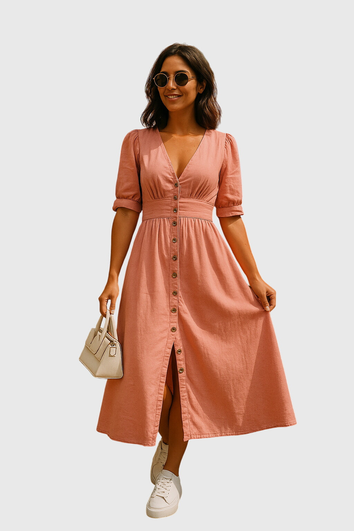 Harlow | Women's Denim V-Neck Tie-Sleeve Button-Front Midi Dress