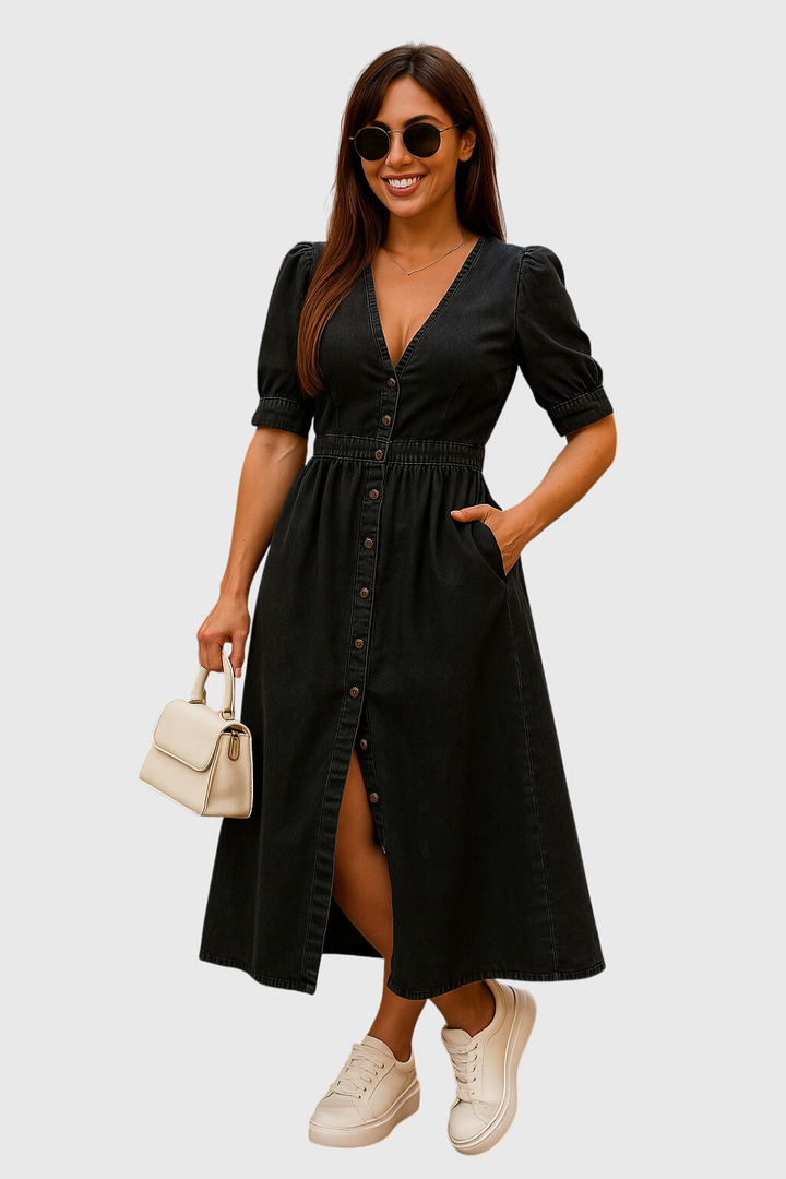 Harlow | Women's Denim V-Neck Tie-Sleeve Button-Front Midi Dress