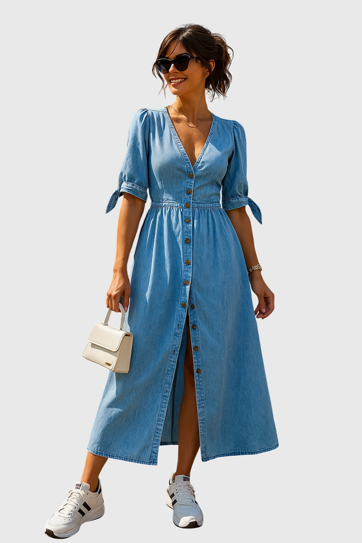 Harlow | Women's Denim V-Neck Tie-Sleeve Button-Front Midi Dress