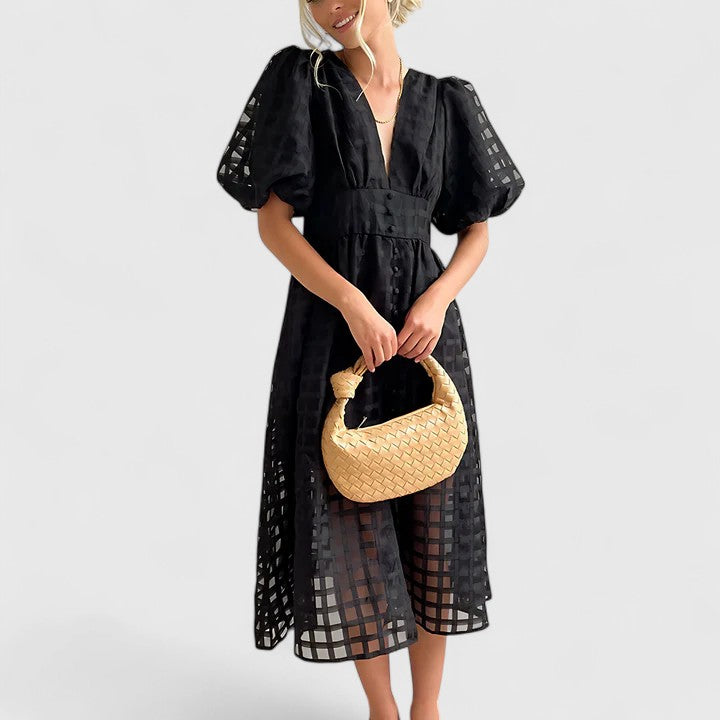 Isolde | Women's Chiffon Grid Puff Sleeve V-Neck Midi Dress