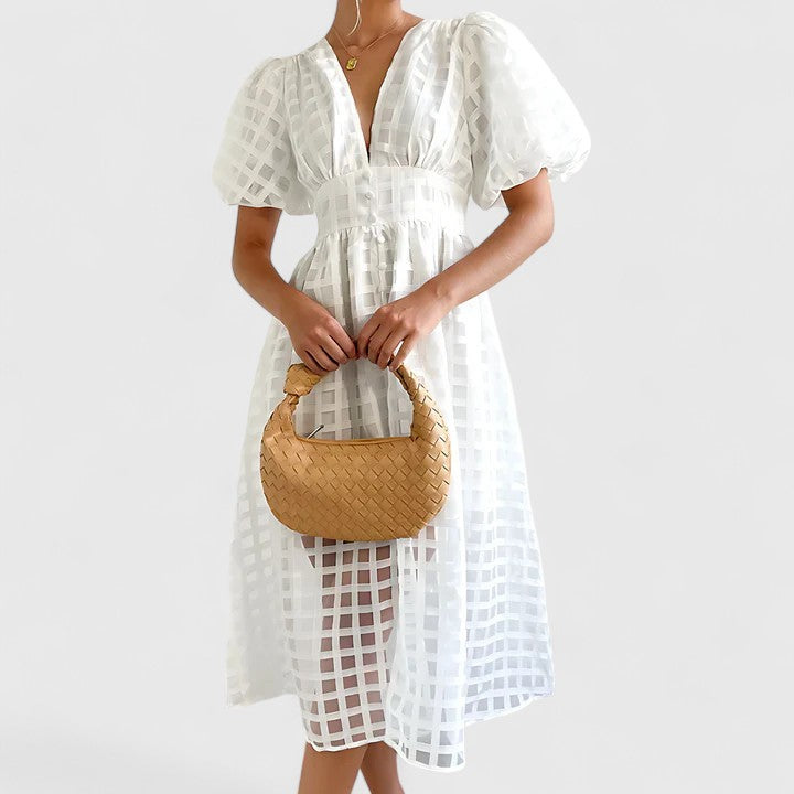 Isolde | Women's Chiffon Grid Puff Sleeve V-Neck Midi Dress