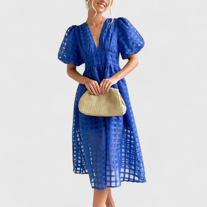 Isolde | Women's Chiffon Grid Puff Sleeve V-Neck Midi Dress