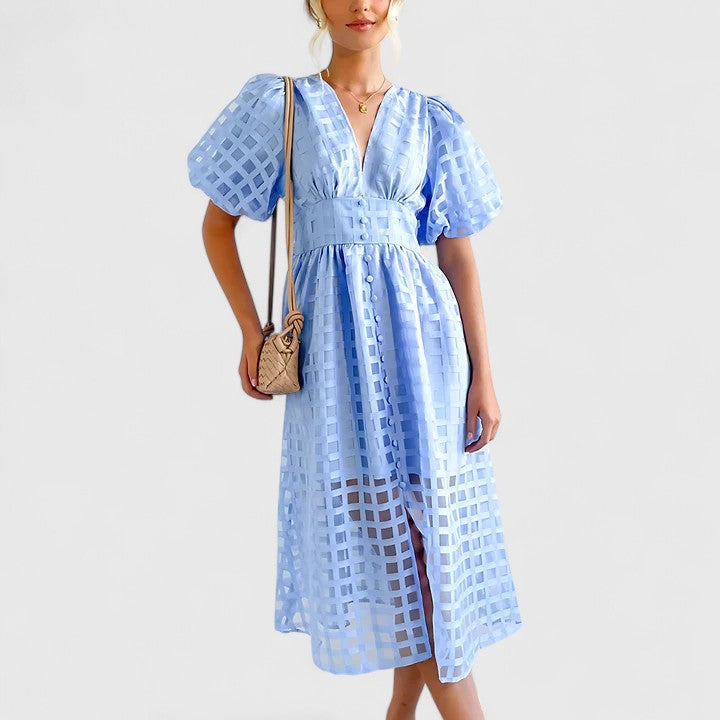 Isolde | Women's Chiffon Grid Puff Sleeve V-Neck Midi Dress