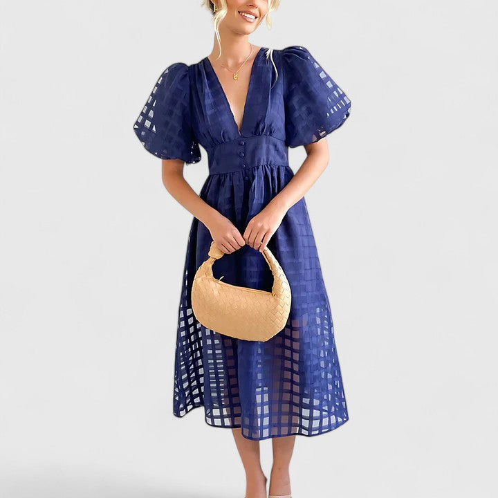 Isolde | Women's Chiffon Grid Puff Sleeve V-Neck Midi Dress