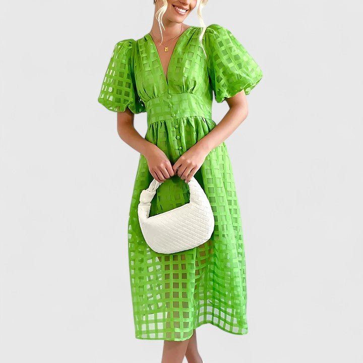 Isolde | Women's Chiffon Grid Puff Sleeve V-Neck Midi Dress