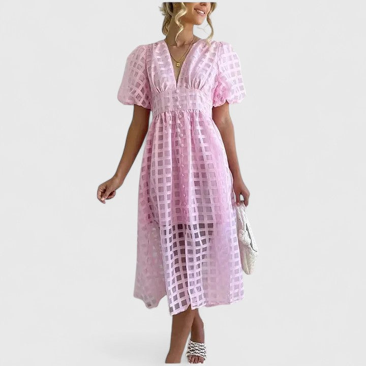 Isolde | Women's Chiffon Grid Puff Sleeve V-Neck Midi Dress