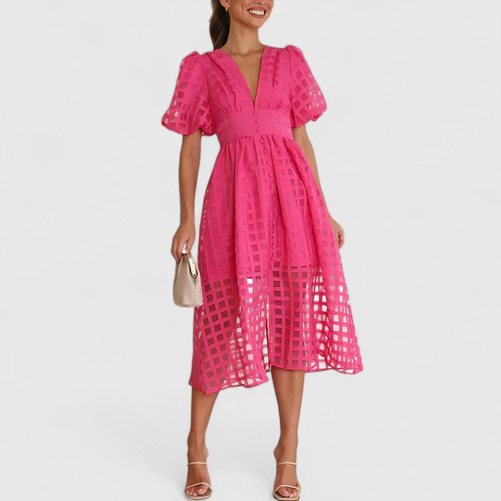 Isolde | Women's Chiffon Grid Puff Sleeve V-Neck Midi Dress