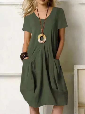 Kaia | Women's Casual Cotton Gathered Pocket Midi Dress