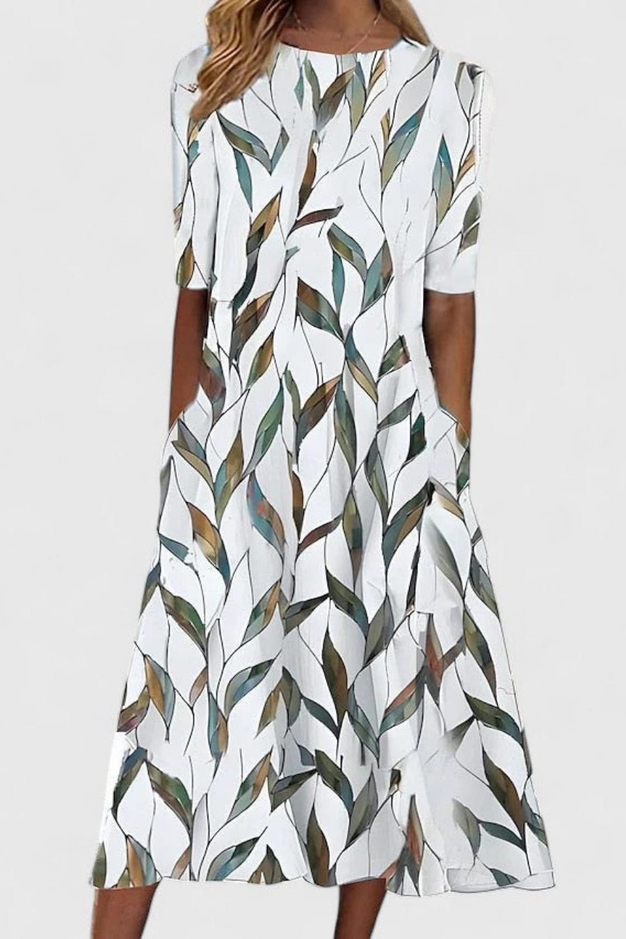 Lumi | Women's Cotton Floral Round-Neck Pocket Midi Dress