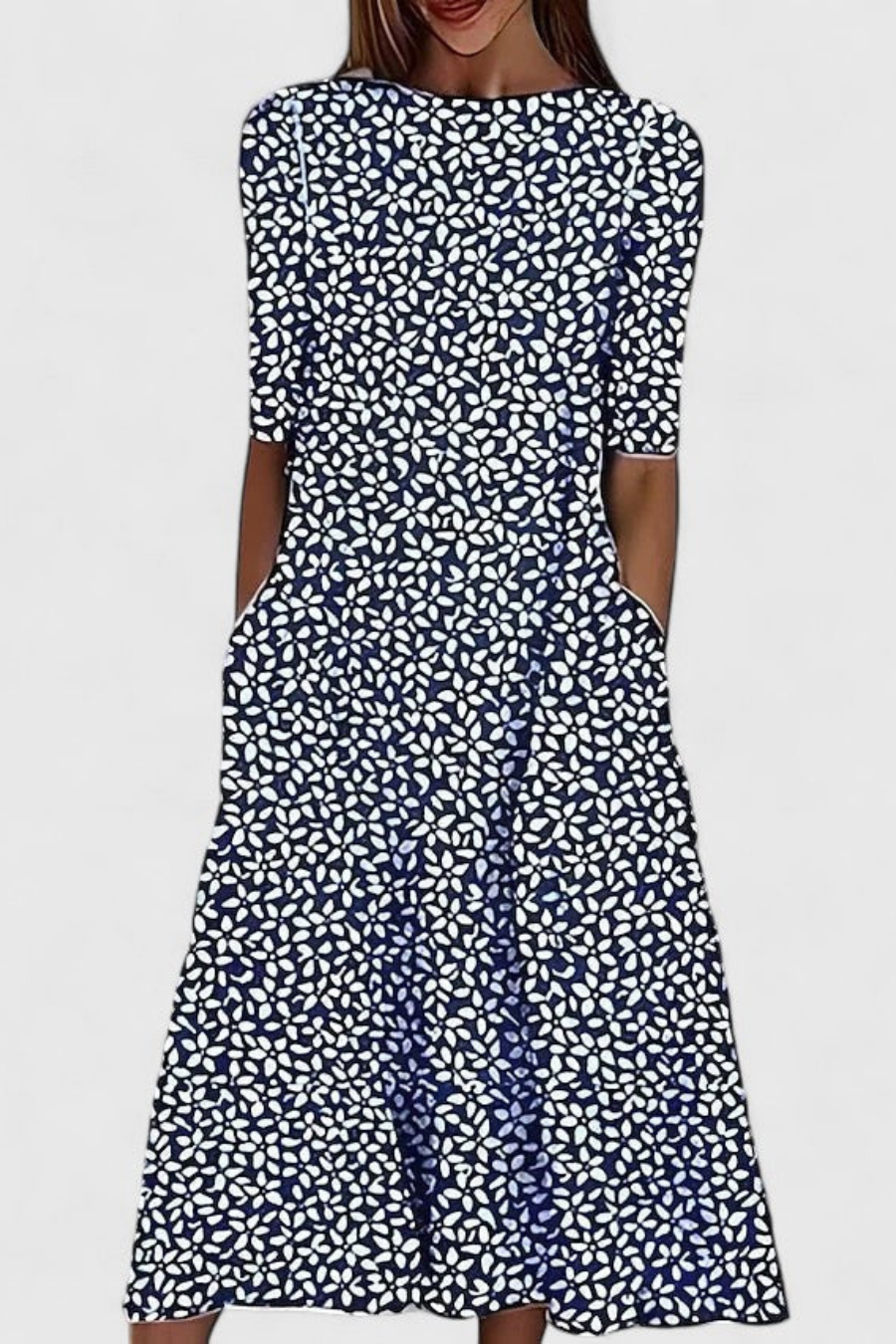Lumi | Women's Cotton Floral Round-Neck Pocket Midi Dress