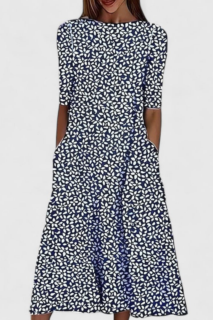 Lumi | Women's Cotton Floral Round-Neck Pocket Midi Dress