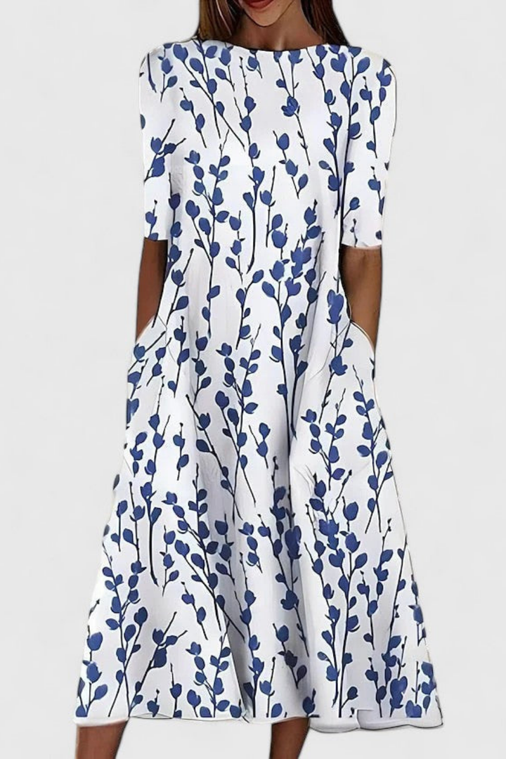 Lumi | Women's Cotton Floral Round-Neck Pocket Midi Dress