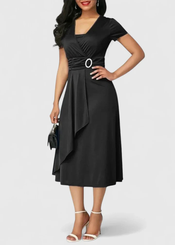 Marlowe | Women's Stretch Ruched Wrap Midi Dress with Rhinestone Buckle