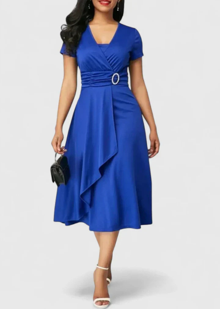 Marlowe | Women's Stretch Ruched Wrap Midi Dress with Rhinestone Buckle