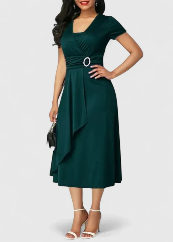 Marlowe | Women's Stretch Ruched Wrap Midi Dress with Rhinestone Buckle