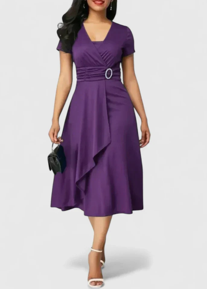 Marlowe | Women's Stretch Ruched Wrap Midi Dress with Rhinestone Buckle
