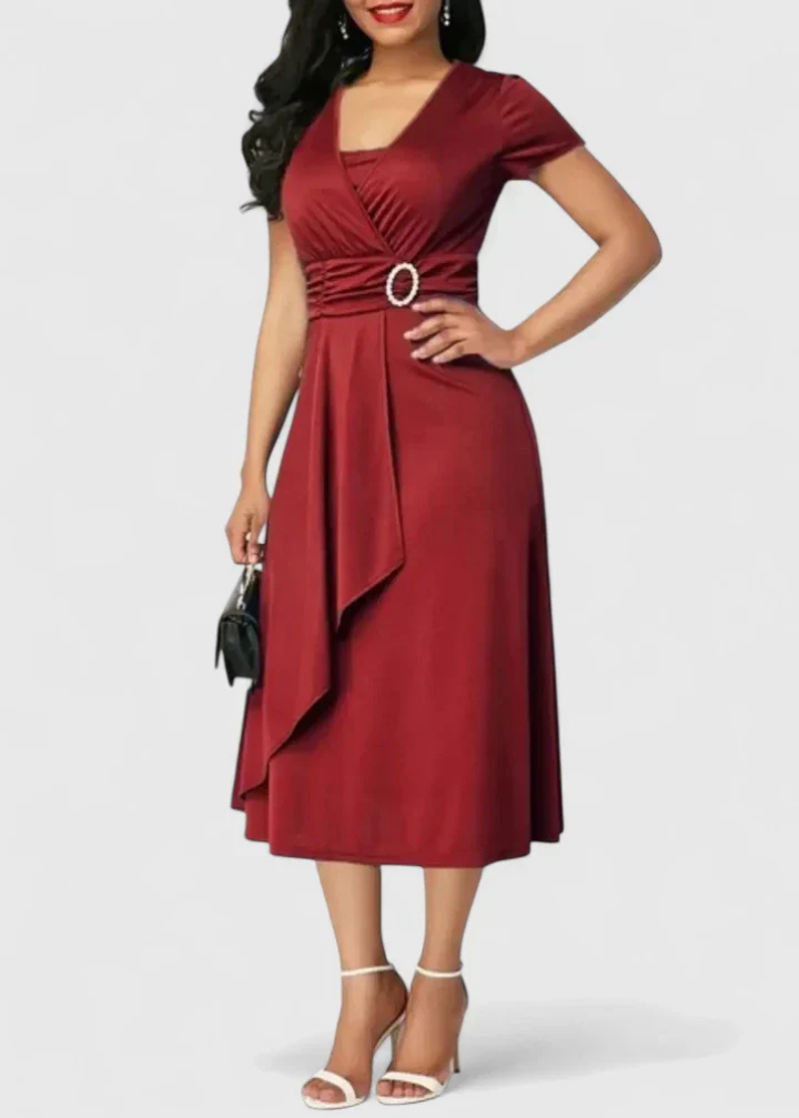Marlowe | Women's Stretch Ruched Wrap Midi Dress with Rhinestone Buckle