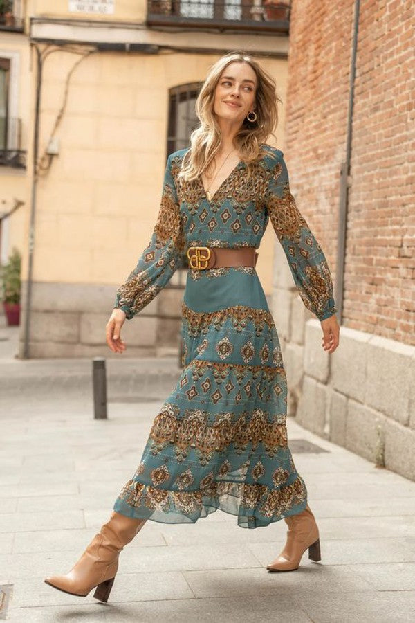 Mette | Women's Blue Chiffon Boho Medallion Puff Sleeve Tiered Dress