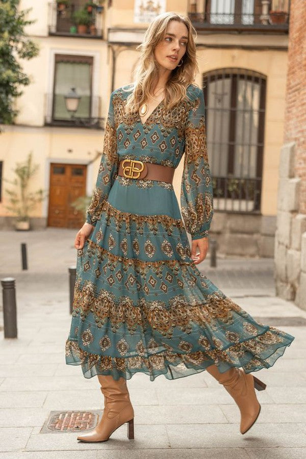 Mette | Women's Blue Chiffon Boho Medallion Puff Sleeve Tiered Dress