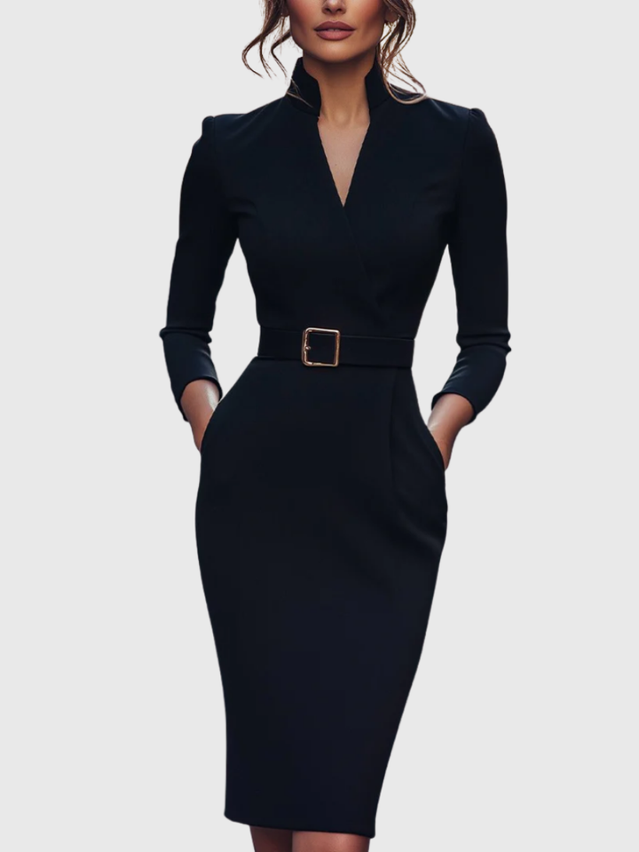 Monroe | Women's Stretch Belted Wrap V-Neck Pencil Midi Dress