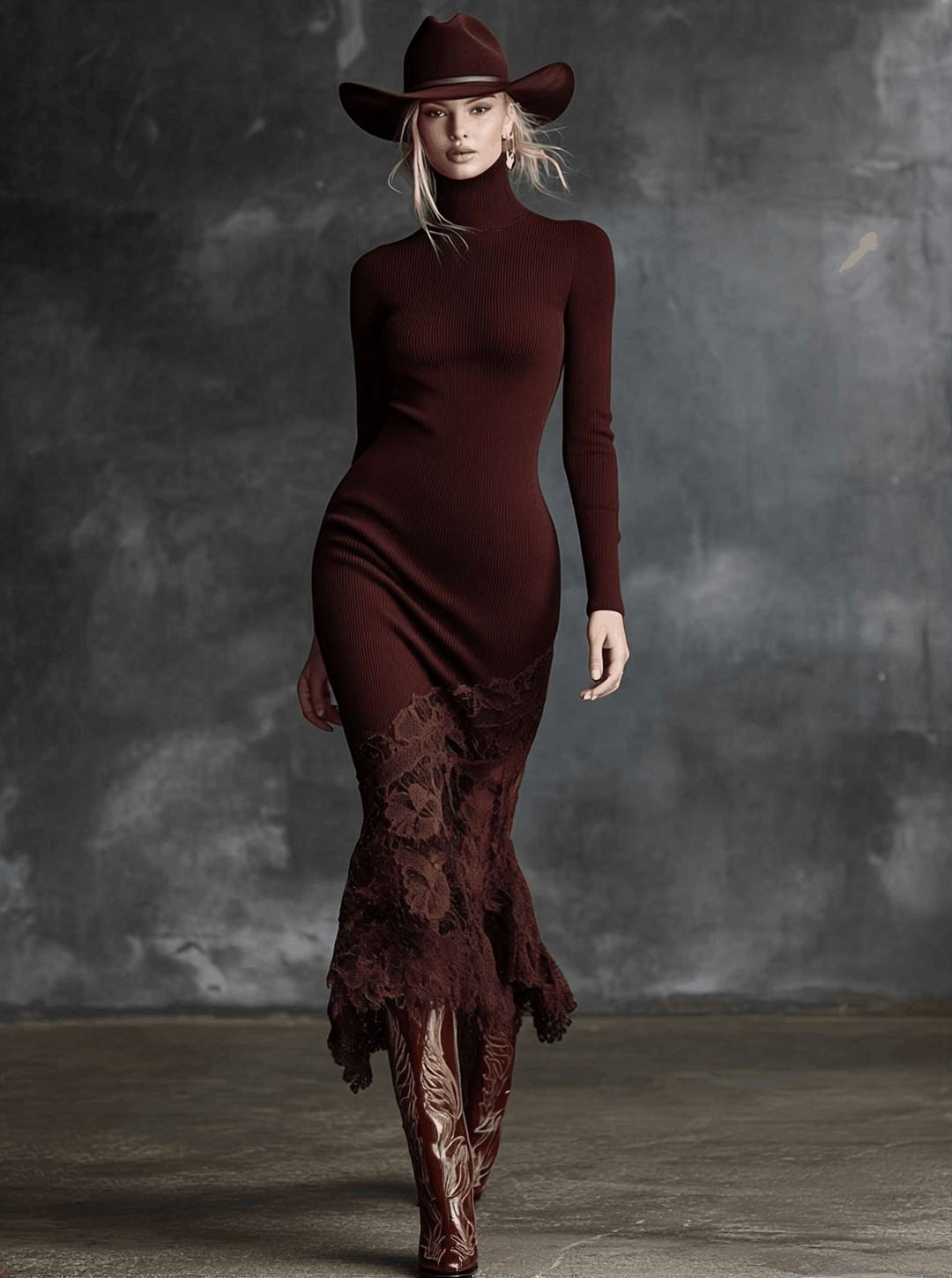 Avaria Burgundy Knit Maxi Dress Featuring High Collar and Lace Trim