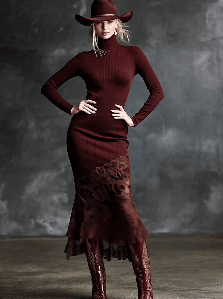 Avaria Burgundy Knit Maxi Dress Featuring High Collar and Lace Trim