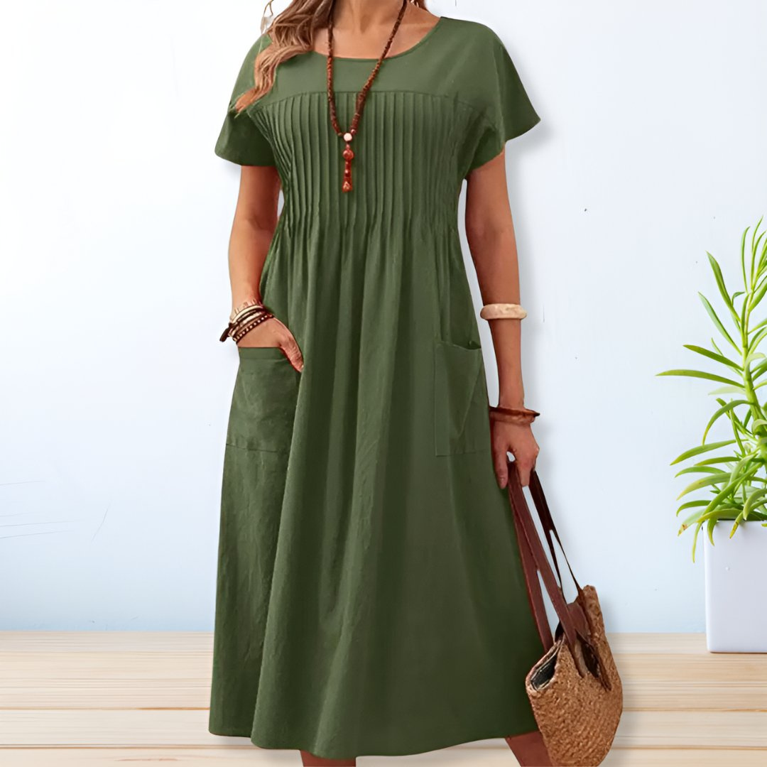 Olive | Women's Linen Pintuck Front Pocket Midi Dress