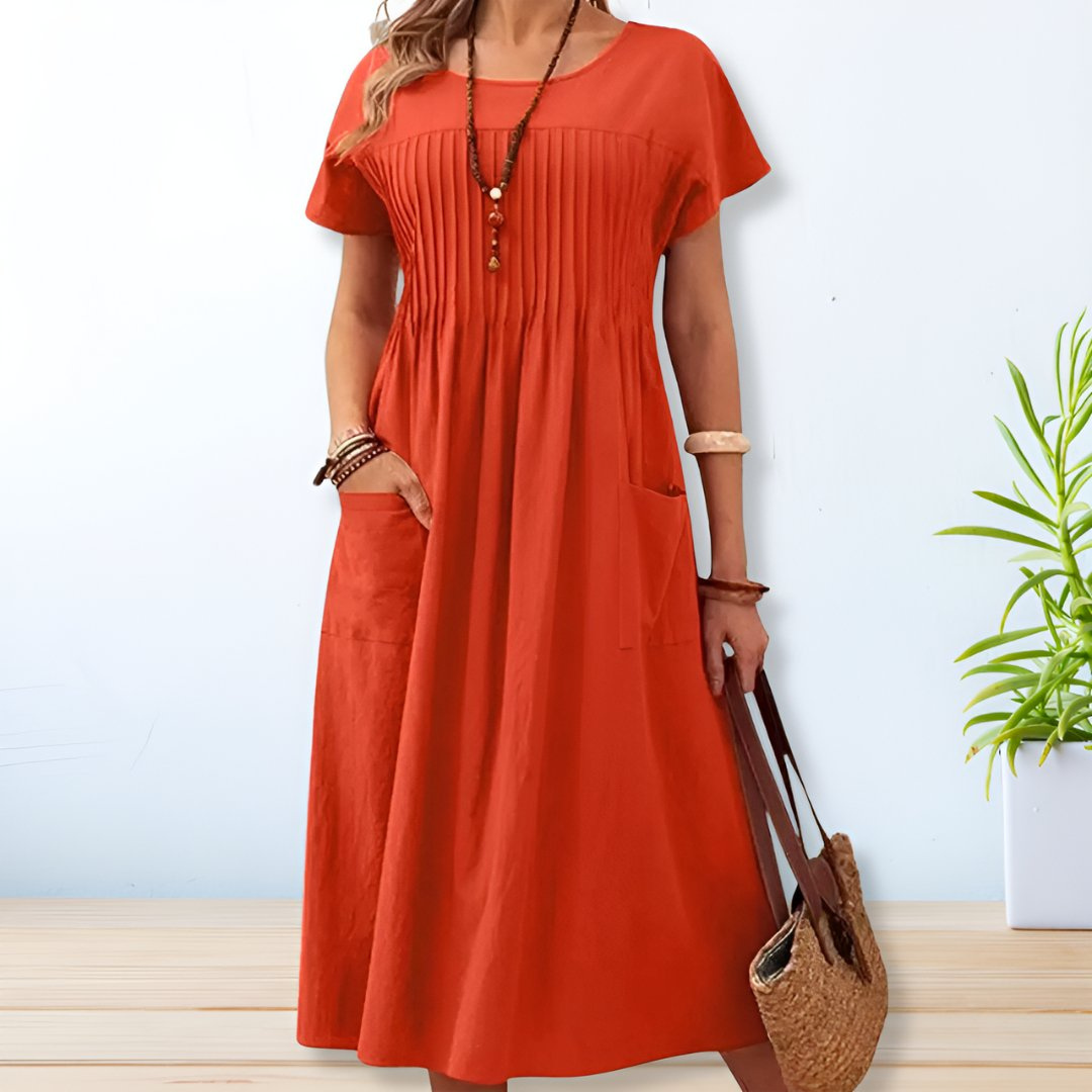 Olive | Women's Linen Pintuck Front Pocket Midi Dress
