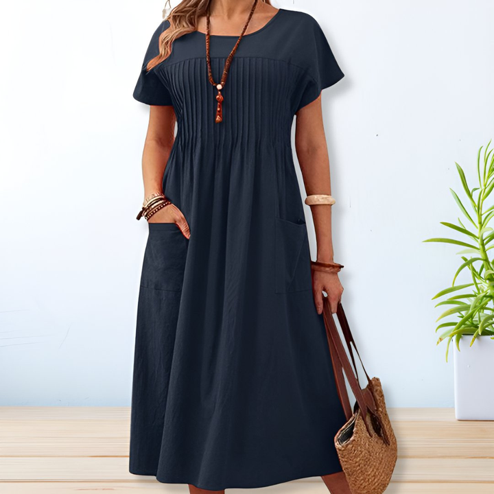 Olive | Women's Linen Pintuck Front Pocket Midi Dress