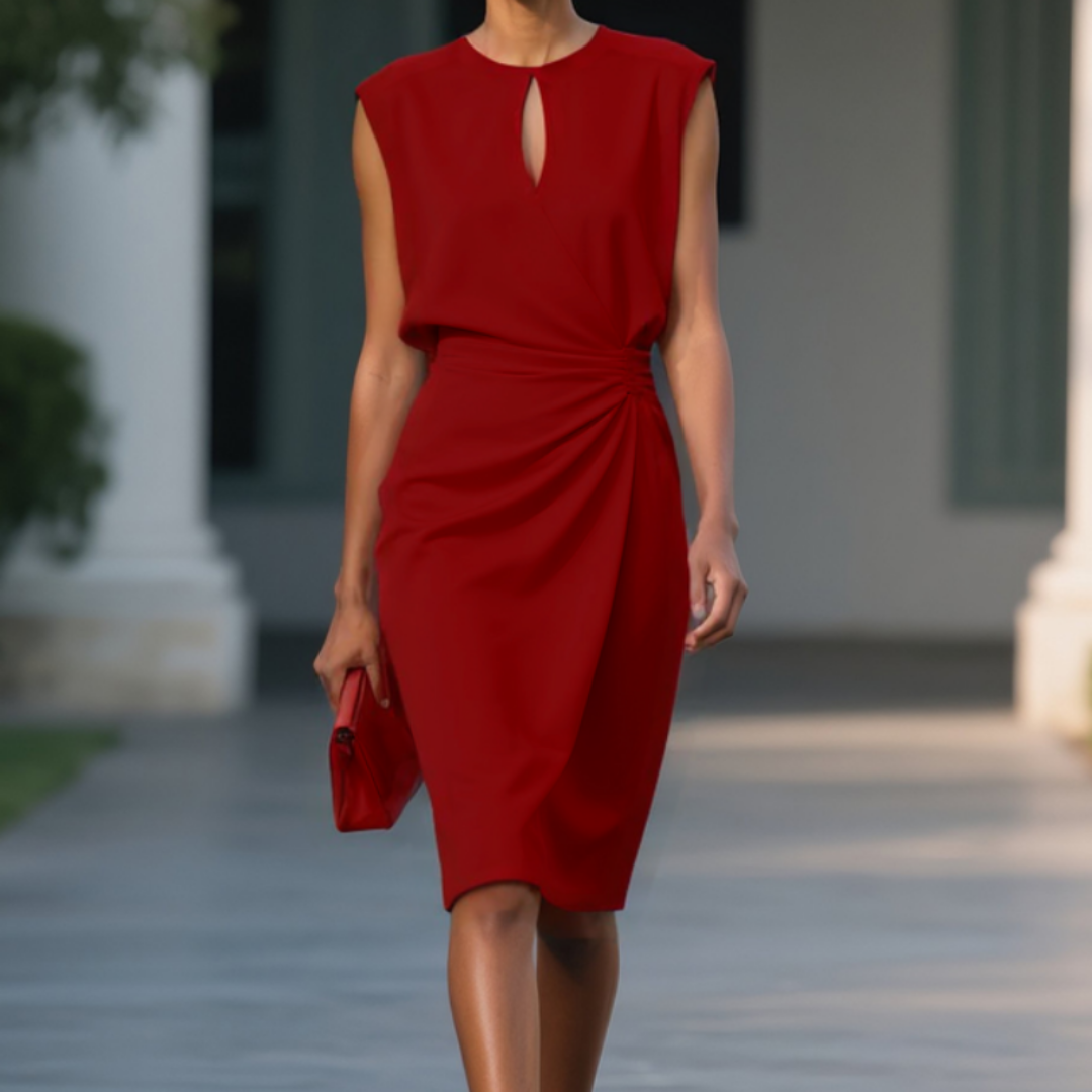 Petra | Women's Stretch Keyhole Neck Ruched Waist Sleeveless Midi Dress
