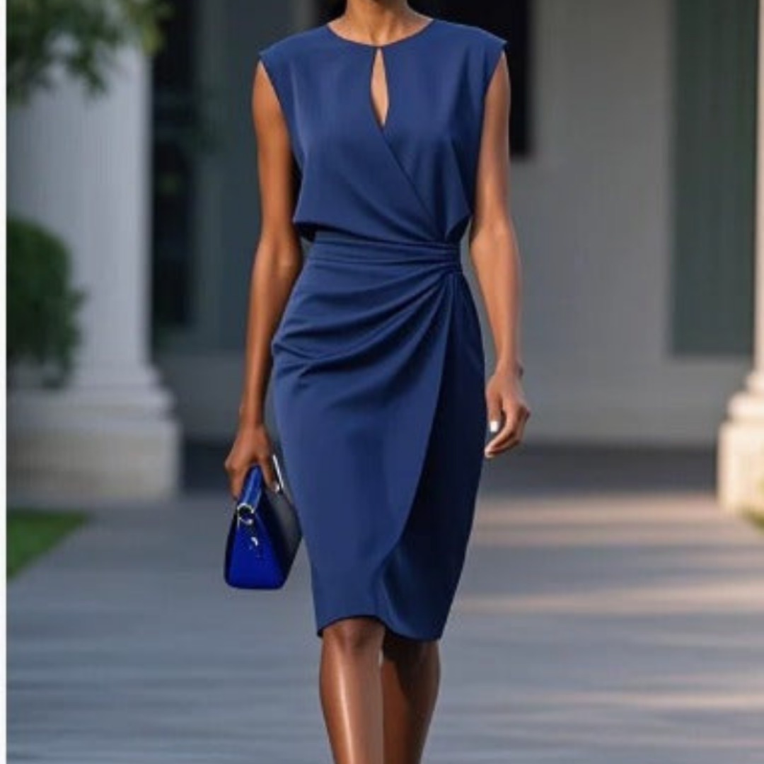 Petra | Women's Stretch Keyhole Neck Ruched Waist Sleeveless Midi Dress