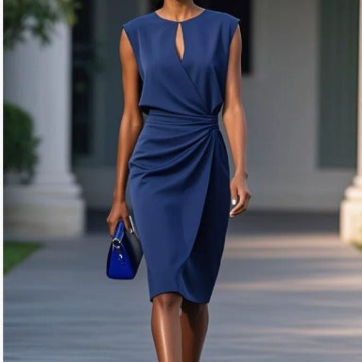 Petra | Women's Stretch Keyhole Neck Ruched Waist Sleeveless Midi Dress