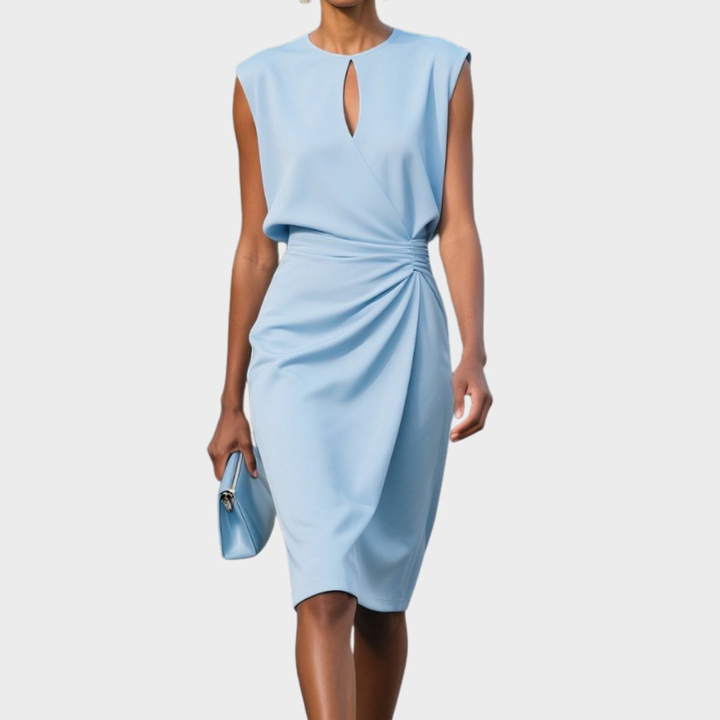 Petra | Women's Stretch Keyhole Neck Ruched Waist Sleeveless Midi Dress