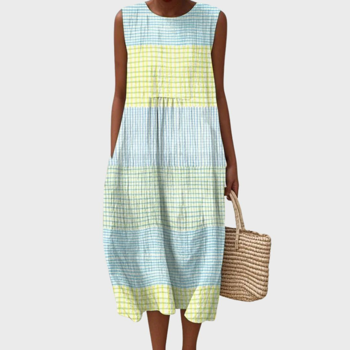 Pippa | Women's Casual Linen Plaid Sleeveless Midi Dress