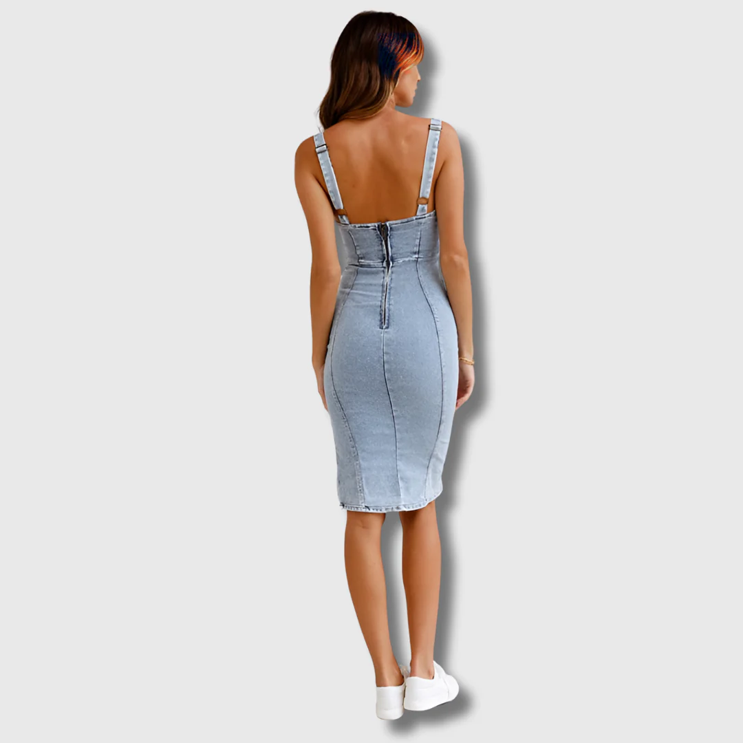 Reeva | Women's Denim Bustier Bodycon Side-Slit Midi Dress