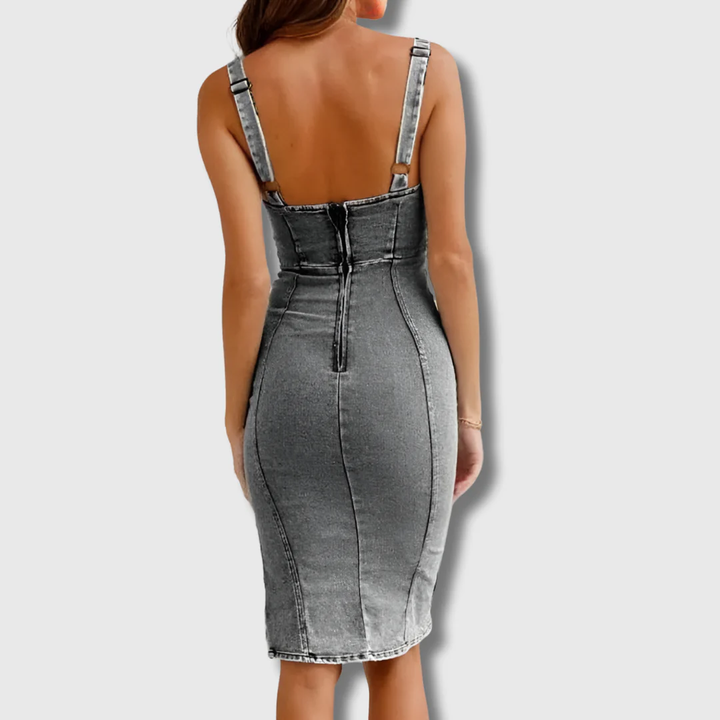 Reeva | Women's Denim Bustier Bodycon Side-Slit Midi Dress