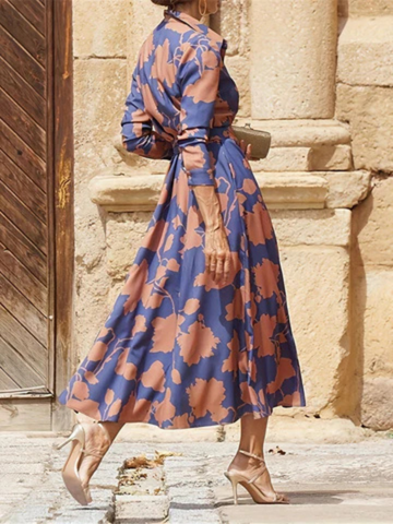 Romilda | Women's Blue Satin Floral Print Belted Shirt Midi Dress