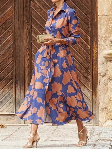 Romilda | Women's Blue Satin Floral Print Belted Shirt Midi Dress