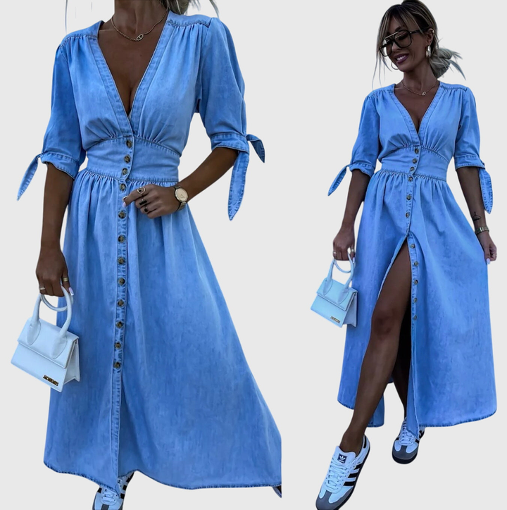 Roslyn | Women's Denim V-Neck Tie-Sleeve Button-Front Maxi Dress