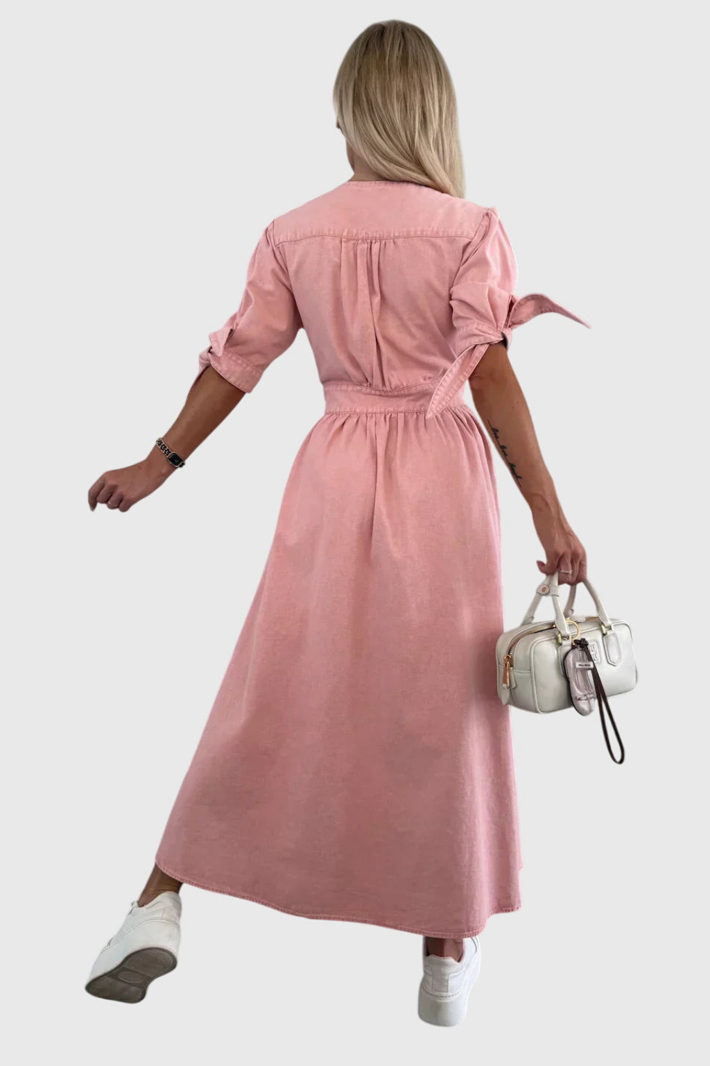 Roslyn | Women's Denim V-Neck Tie-Sleeve Button-Front Maxi Dress
