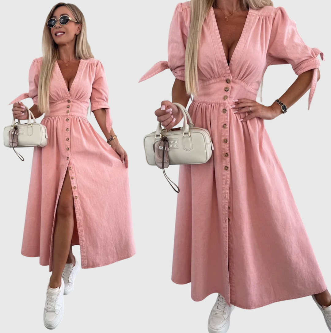 Roslyn | Women's Denim V-Neck Tie-Sleeve Button-Front Maxi Dress